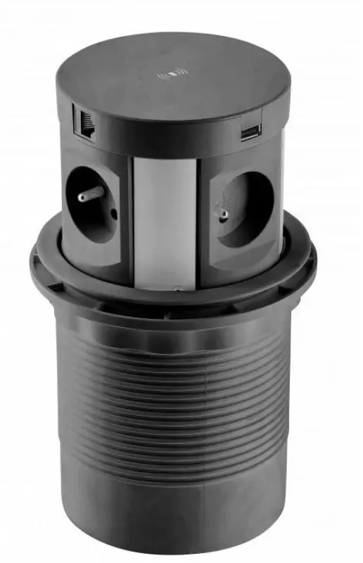 Indux Push потапящ се кухненски контакт в черно, вграден в работния плот с 4 контакта, 2 x USB, 2 x RJ45 и безжично зареждане 1208957421