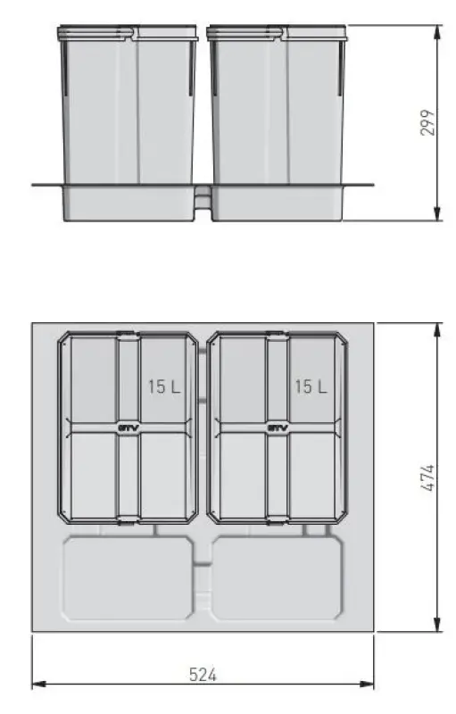 Garbi Basket B-60-2 Система за сортиране на отпадъци за чекмедже 60cm вкл. държач и 2 кофи за боклук 1208957474