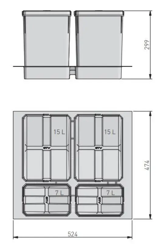 Garbi Basket B-60-4 Система за сортиране на отпадъци за чекмедже 60см вкл. държач и 4 кофи за отпадъци 1208957475