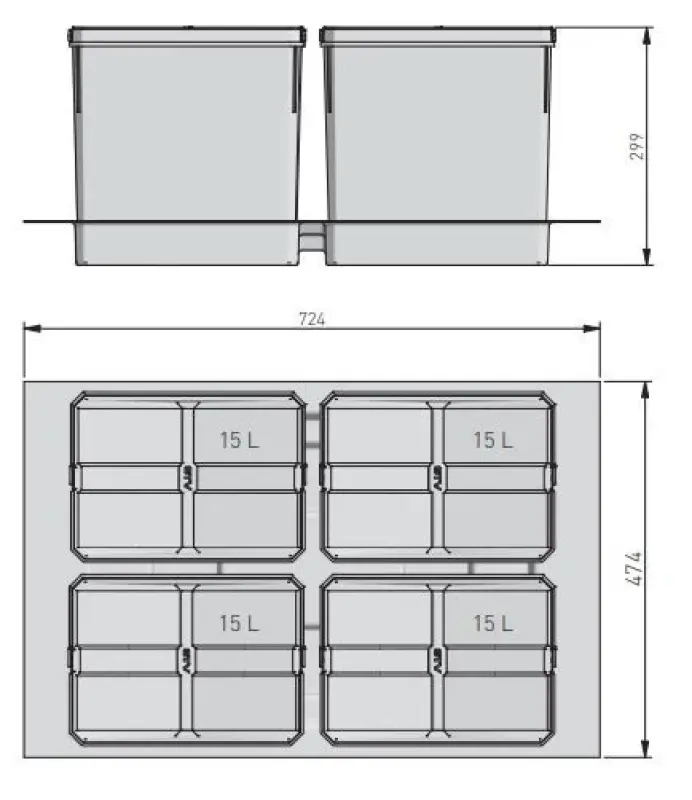 Garbi Basket B-80-4-G Система за сортиране на отпадъци за чекмедже 80cm вкл. държач и 4 x 15л кофи за отпадъци 1208957478