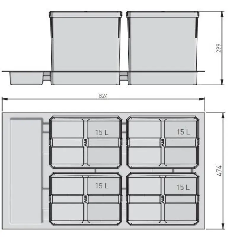 Garbi Basket B-90-4 Система за сортиране на отпадъци за чекмедже 90cm вкл. държач и 4 х 15 литра кофи за боклук 1208957479