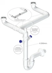Ausmann Siphon Спестяващ място сифон за мивка с вентилационен клапан и 2 връзки за съдомиялна машина 1208957662