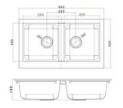 Ausmann Fibre Черна синтетична двойна мивка 86x50cm, монтаж над плота 1208957669