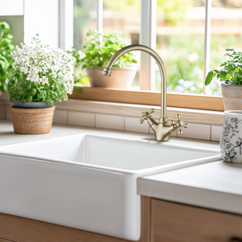 AquaTrimo Windsor Класически кухненски смесител с носталгичен дизайн и кръгъл чучур, бронз 21WS7652BN