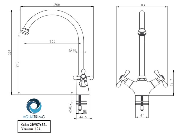 AquaTrimo Windsor Класически кухненски смесител с носталгичен дизайн и кръгъл чучур, неръждаема стомана 21WS7652NM