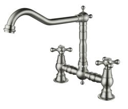 AquaTrimo Windsor Класически кухненски смесител с 2 отвора, носталгичен дизайн и винтидж чучур, неръждаема стомана 21WS7653NM