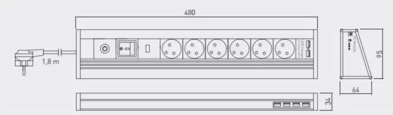 Indux Corner Ъглов и самостоятелен разклонител в цвят алуминий с 6 контакта и 6 USB 1208957851