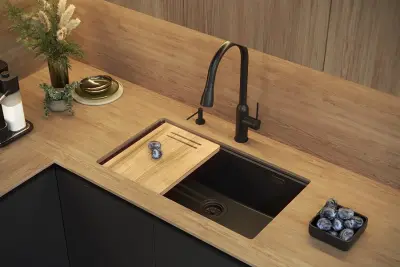 Quadri Newport II Голяма дълбока черна гранитна мивка 76x45 , монтаж отгоре и отдолу 1208957855