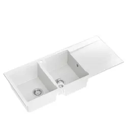 Quadri Luton Двойна гранитна мивка в бяло 116x50 с отцедник, монтаж отгоре 1208957882