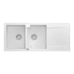 Quadri Luton Двойна гранитна мивка в бяло 116x50 с отцедник, монтаж отгоре 1208957882
