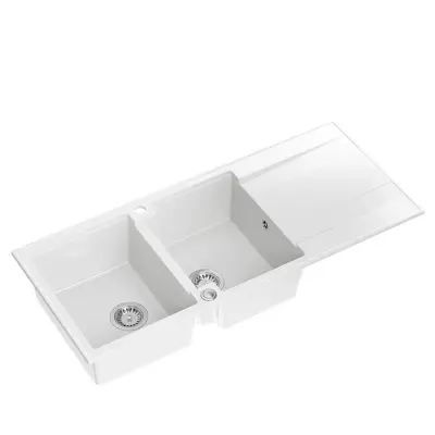 Quadri Luton Двойна гранитна мивка в бяло 116x50 с отцедник, монтаж отгоре 1208957882