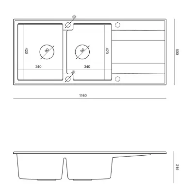 Quadri Luton Двойна черна гранитна мивка 116x50 с отцедник, монтаж отгоре 1208957883