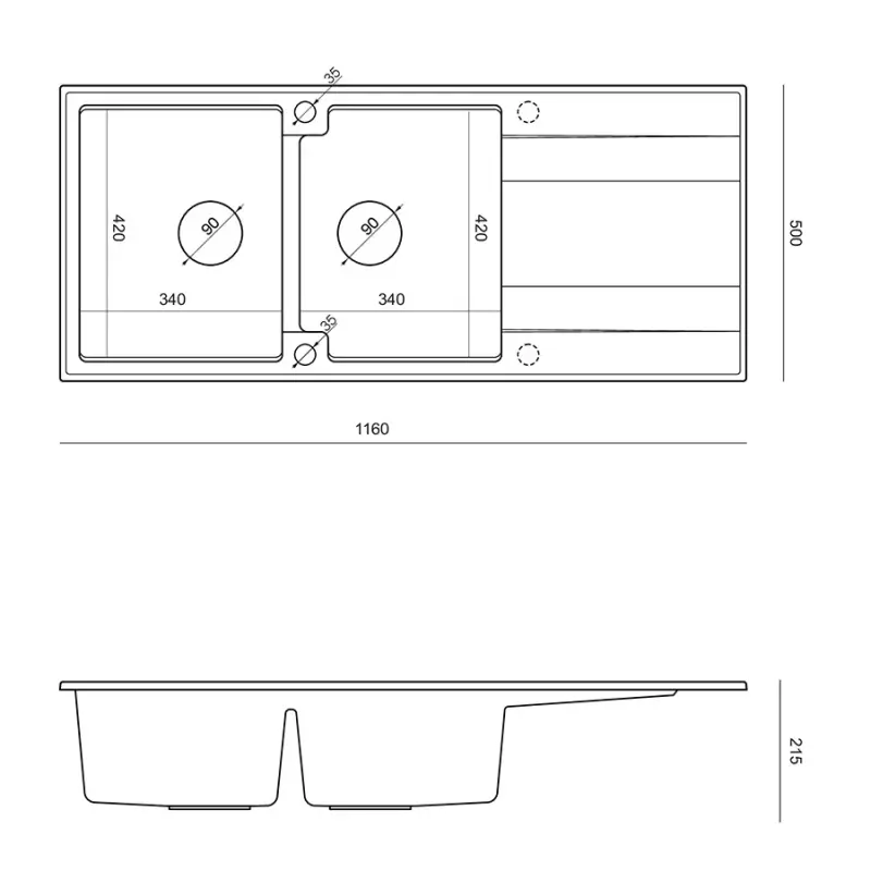 Quadri Luton Двойна черна гранитна мивка 116x50 с отцедник, монтаж отгоре 1208957883