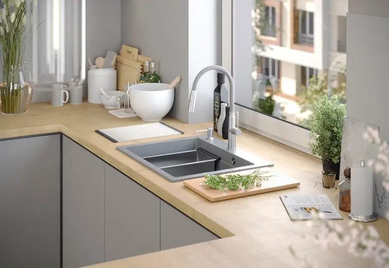 Кухненска мивка Quadri Durham от бял гранит 595x500 с диспенсър за сапун, дъска за рязане, ролков подложка, вмъкваема мивка и ролков подложка 1208957903