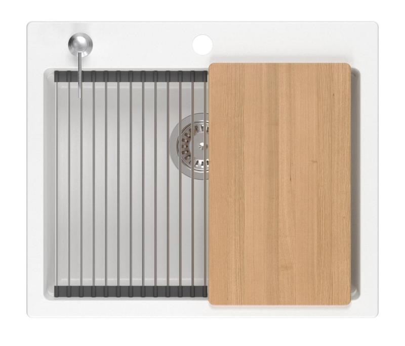 Кухненска мивка Quadri Durham от бял гранит 595x500 с диспенсър за сапун, дъска за рязане, ролков подложка, вмъкваема мивка и ролков подложка 1208957903