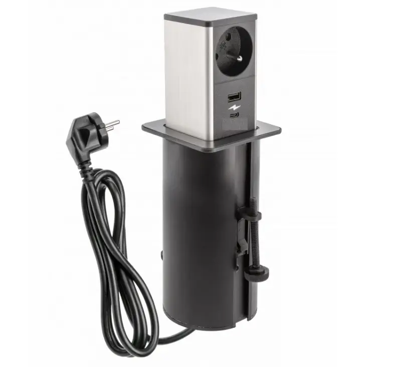 Indux Push разтегливо черно заземителна контакт с 1xUSB A и 1xUSB C с неръждаема стоманена капачка 1208957928