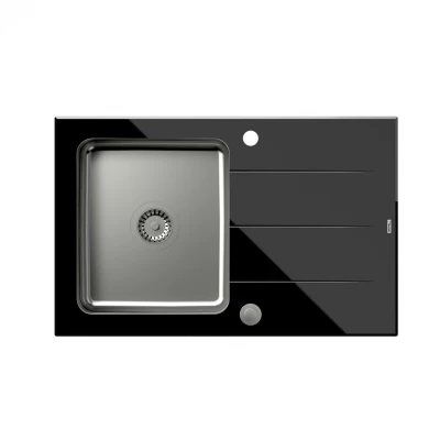 Quadri Glazz Иноксова мивка 78x50 с черен стъклен отцедник, обратима 1208957934