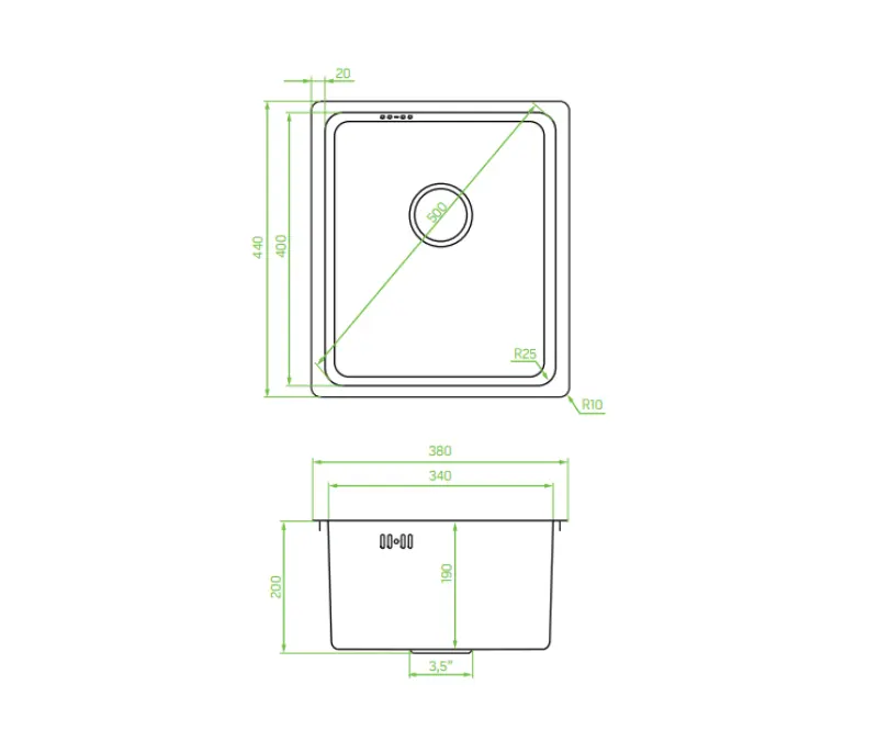 Aquadesign R25 стоманена мивка за монтаж върху плот, под плот и вградена в плот, неръждаема стомана 34x40cm 1208958201