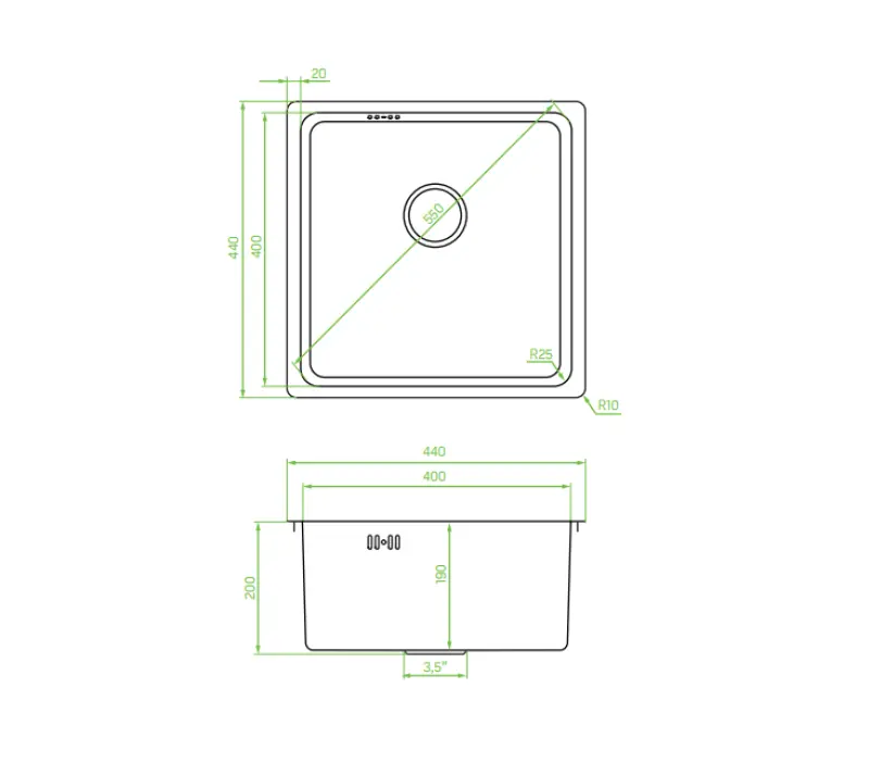 Aquadesign R25 Иноксова мивка 40x40cm, монтаж под, над и на нивото на плота, цвят gun metal 1208958207
