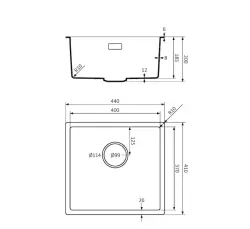 Lorreine BQ Мивка 44x41cm за вграждане под плот, черна с иноксова цедка 40BQ37-FU-INOX