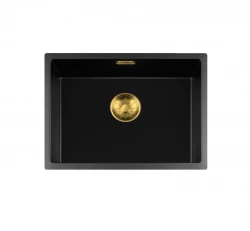 Lorreine BQ Черна мивка 54x41cm, плосък монтаж и под плота, златиста цедка 50BQ37-FU-GOLD