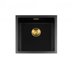 Lorreine BQ Черна мивка 45x45cm за монтаж отгоре, златиста цедка 40BQ-T-GOLD