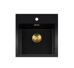 Lorreine BQ Черна мивка 46x52cm за монтаж отгоре, златиста цедка 40BQ37TH-T-GOLD