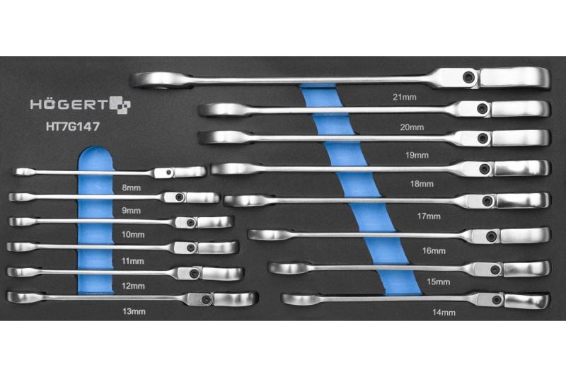 Hoegert Комбиниран ключ с рачетка и гъвкава глава, комплект от 14 броя, техническа пяна. 1208962054