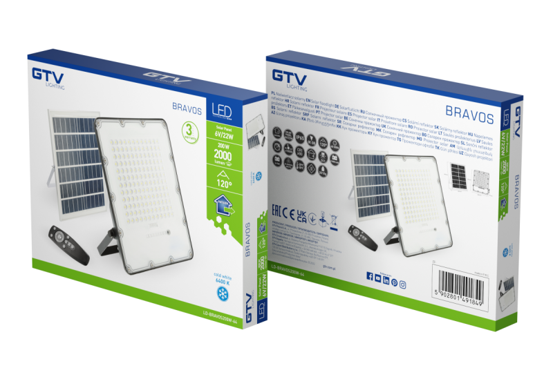 LED прожектор BRAVOS, 200W, 2000lm, 6400K, IP65, 120°, слънчев панел, дистанционно управление, 3г 1208962683