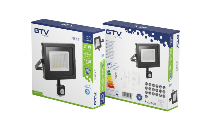 LED прожектор iNEXT с датчик за движение 20W 1600lm, PF>0,9, RA>80, IP65, 120°, 6400K, черен корпус 1208962859