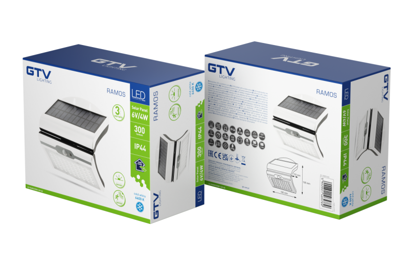 RAMOS Соларен фасаден осветител с датчик за движение/здрач, 50W, 300lm, 3,7V 1800mAh, IP44, 6000K, бял 1208963114