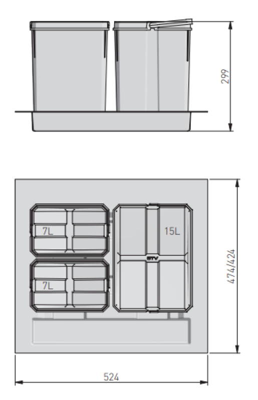 Гарби Баскет B-60-3 система за сортиране на отпадъци за чекмедже 60 см, включително държач и 3 кофи за отпадъци 1208964399