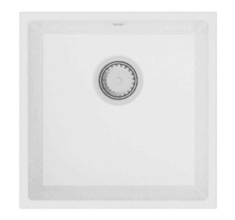 GraniteMy Универсална бяла мивка от гранит 40x40 cm, монтаж под, над и на нивото на плота, иноксова цедка 1208966879