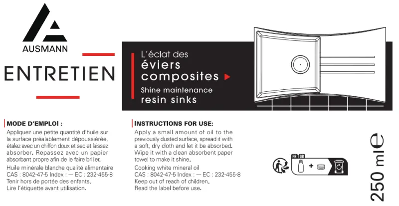 Ausmann Поддържащо и почистващо масло за био композитни мивки 1208966925