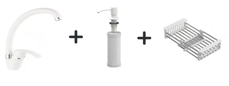 Quadri Комплект кухненски смесител в бяло с вграден диспенсър за сапун и регулируема кошница в бяло 1208966928