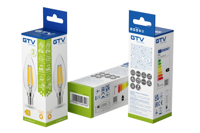 ИЗТОЧНИК НА LED СВЕТЛИНА, ФИЛАМЕНТ, A-G, C35, 2700K, E14, 5,8W, AC220-240V, 360°, 640lm, 50mA 1208966964