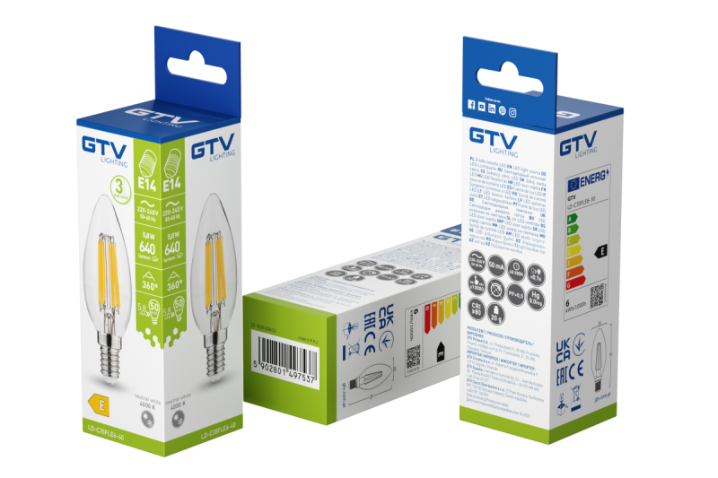 LED ИЗТОЧНИК НА СВЕТЛИНА, ФИЛАМЕНТ, A-G, C35, 4000K, E14, 5,8W, AC220-240V, 360°, 640lm, 50mA 1208966965