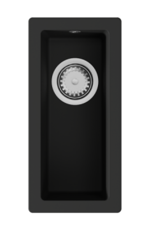 GraniteMy Универсална малка черна мивка от гранит 17x40 cm, монтаж под, над и на нивото на плота, иноксова цедка 1208967105