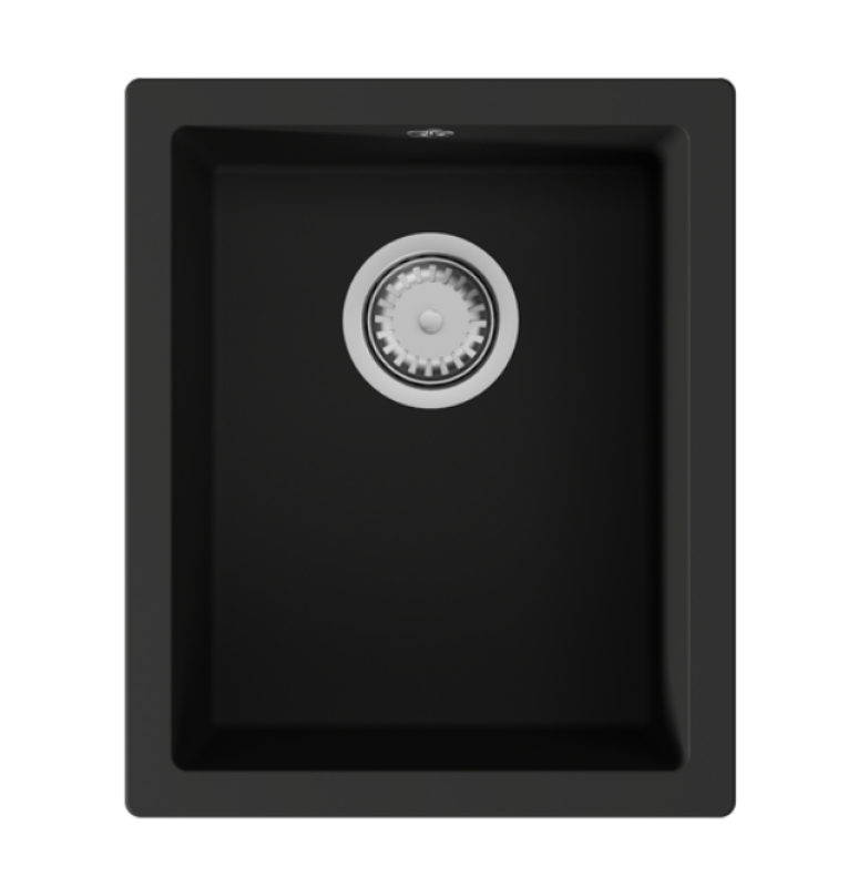 GraniteMy Универсална черна мивка от гранит 34x40 cm, монтаж под, над и на нивото на плота, с иноксова цедка1208967106