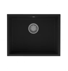 GraniteMy Universele granieten zwarte gootsteen 55x40 см черен, за вграждане, под мивка и с равен монтаж с неръждаема стоманена тапа 1208967108
