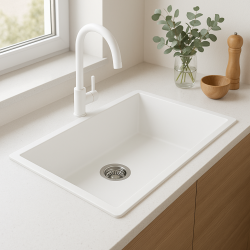 GraniteMy Универсална голяма бяла мивка от гранит 74x40 cm, монтаж под, над и на нивото на плота, с иноксова цедка 1208967111