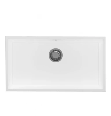 GraniteMy Универсална голяма бяла мивка от гранит 74x40 cm, монтаж под, над и на нивото на плота, с иноксова цедка 1208967111