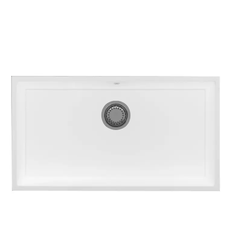 GraniteMy Универсална голяма бяла мивка от гранит 74x40 cm, монтаж под, над и на нивото на плота, с иноксова цедка 1208967111