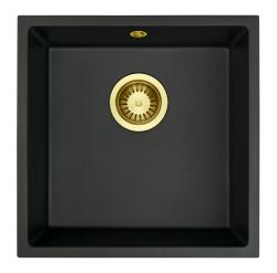 GraniteMy Универсална черна мивка от гранит 40x40 cm, монтаж под, над и на нивото на плота, златиста цедка 1208967113