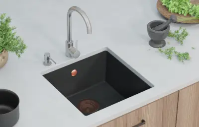 GraniteMy Универсална черна мивка от гранит 40x40 cm, монтаж под, над и на нивото на плота, медна цедка 1208967114