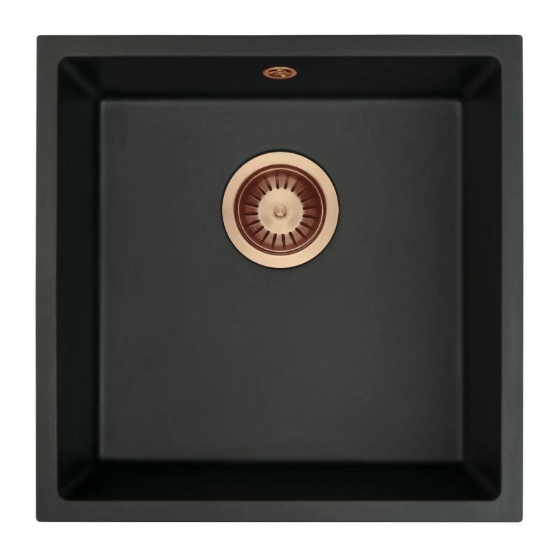 GraniteMy Универсална черна мивка от гранит 40x40 cm, монтаж под, над и на нивото на плота, медна цедка 1208967114