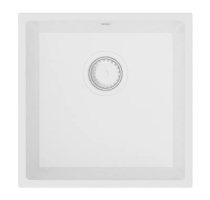 GraniteMy Универсална бяла мивка от гранит 40x40 cm, монтаж под, над и на нивото на плота, бяла цедка 1208967115