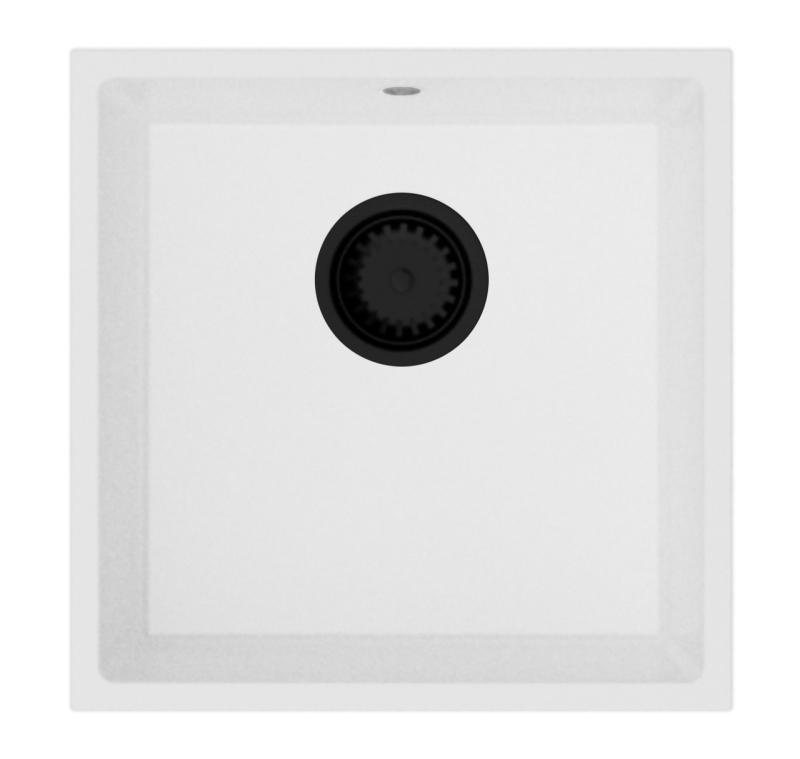 GraniteMy Универсална бяла мивка от гранит 40x40 cm, монтаж под, над и на нивото на плота, с черна цедка 1208967128