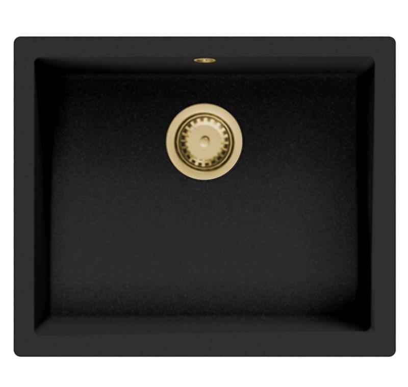 GraniteMy Универсална черна мивка от гранит 50x40 cm,  монтаж под, над и на нивото на плота, със златиста цедка 1208967130