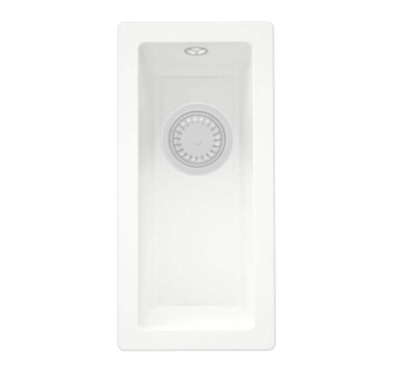 GraniteMy Универсална бяла мивка от гранит 17x40 cm, монтаж под, над и на нивото на плота, с бяла цедка 1208967137